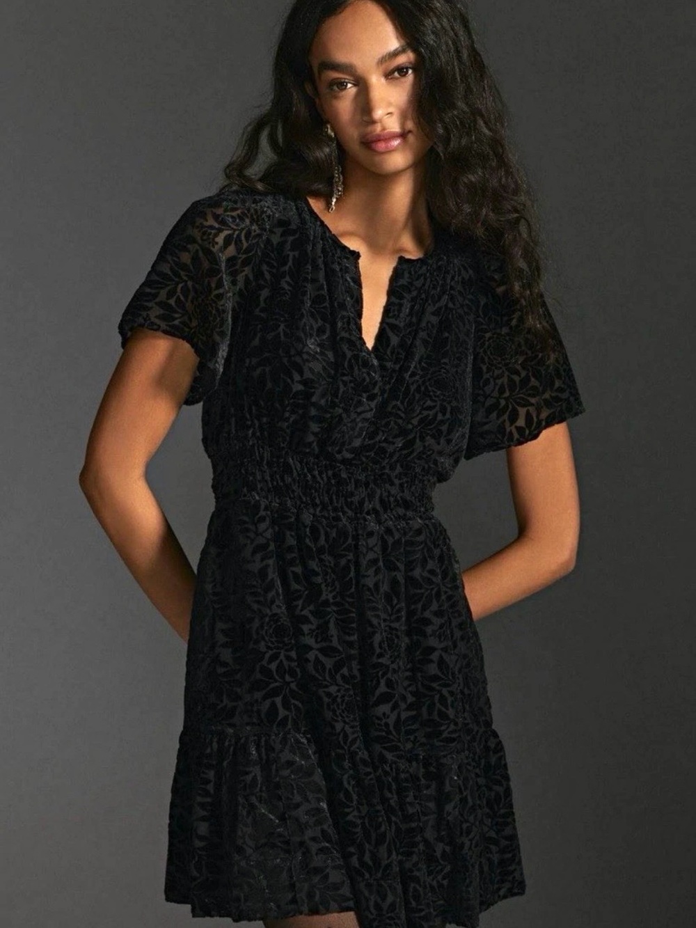 Anthropologie Black Velvet Burnout Smocked Mini Dress Size 2X